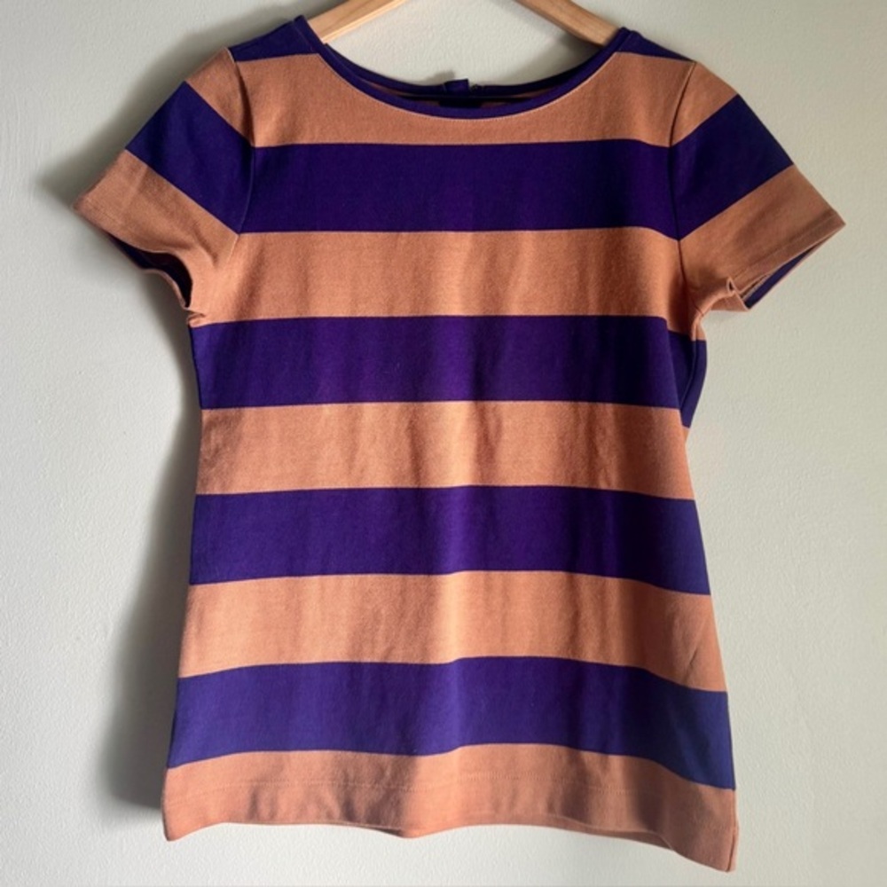 Ann Taylor Brown and Purple Striped Short Sleeve Zipper Back Blouse T-Shirt XS